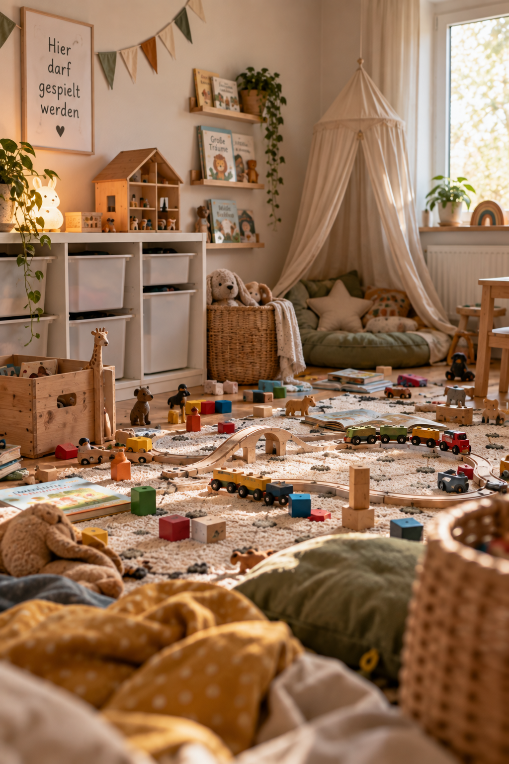 Gemütlicher Kinderzimmer mit Spielzeug, Holzeisenbahn, Plüschtieren, Kissen, Bücher, Pflanzen und einer Hängematte unter einem großen Fenster.