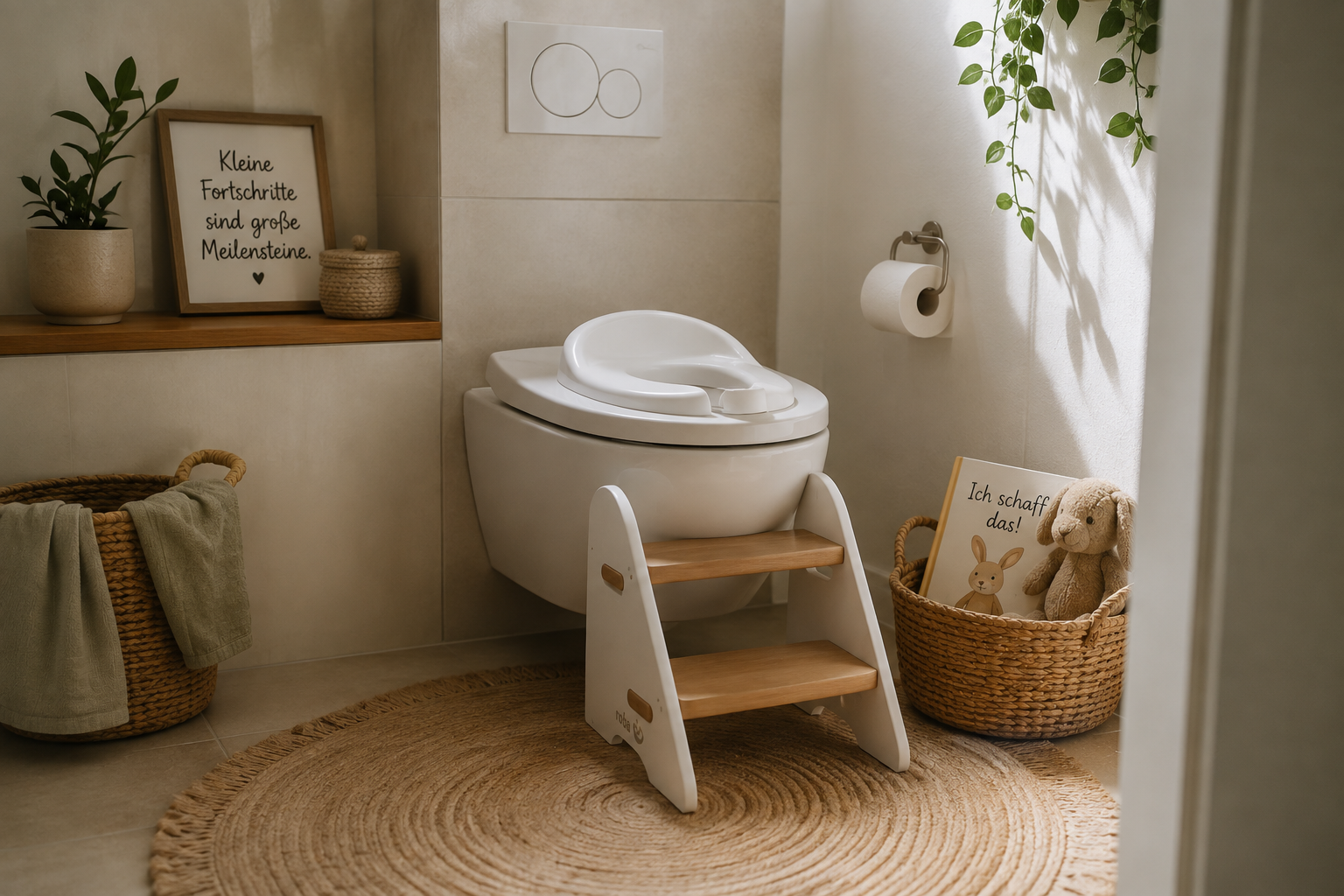 Ein Kindertoilettenstuhl steht vor einer weißen Toilette im Badezimmer, umgeben von Körben mit Spielzeug und Dekorationen sowie einem Vorhängeschloss auf der Wand und einem bemalten Bilderrahmen, der eine Botschaft enthält.