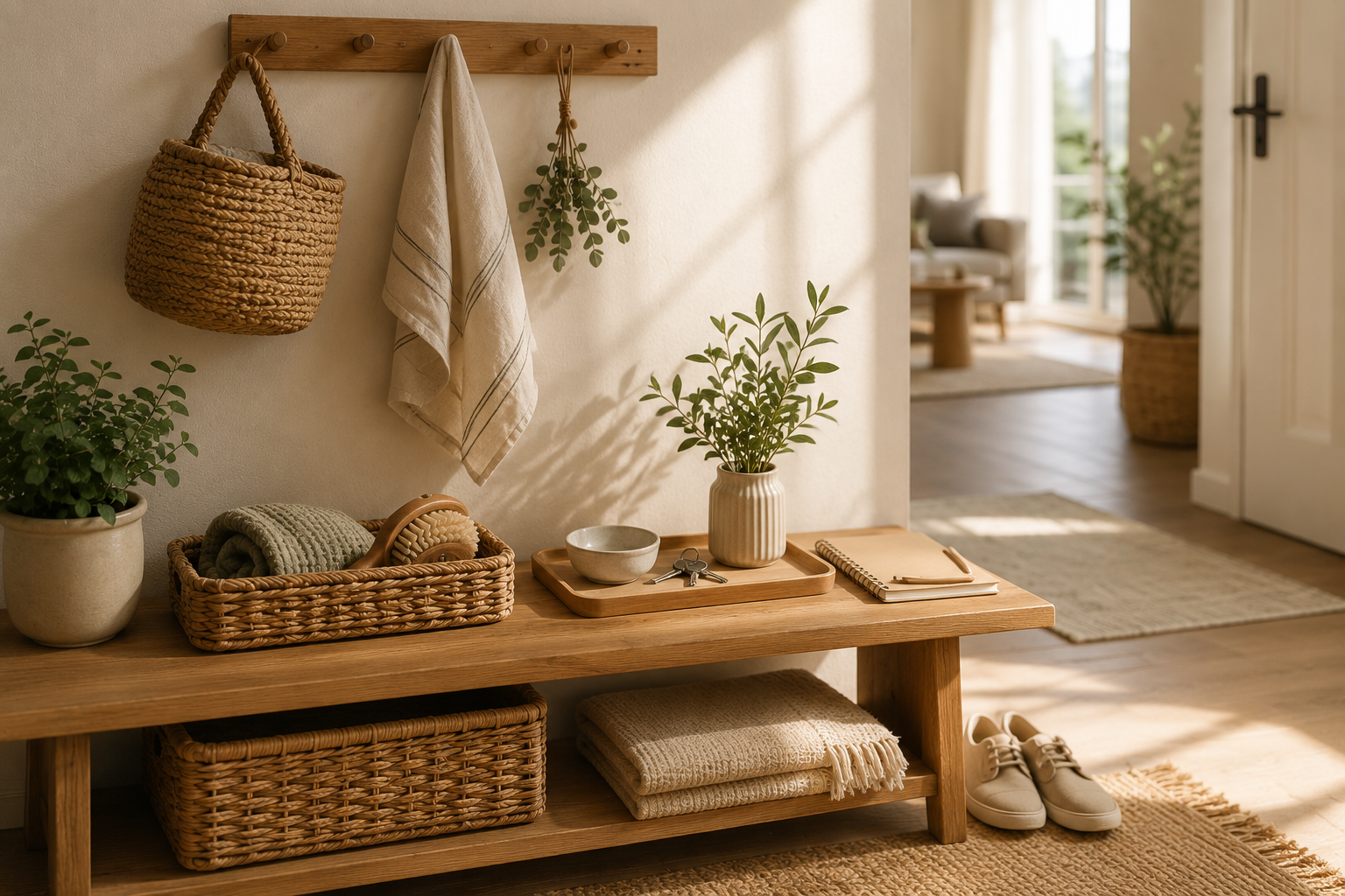 Ein Flurbereich mit einer Holzbank, auf der Körbe, eine Pflanze, Notizbuch, Schlüssel und eine Schale stehen. An der Wand hängen ein Stoffhandtuch, ein Korb und Kräuter. Im Hintergrund ein Wohnzimmer mit Sofa und großen Fenstern.
