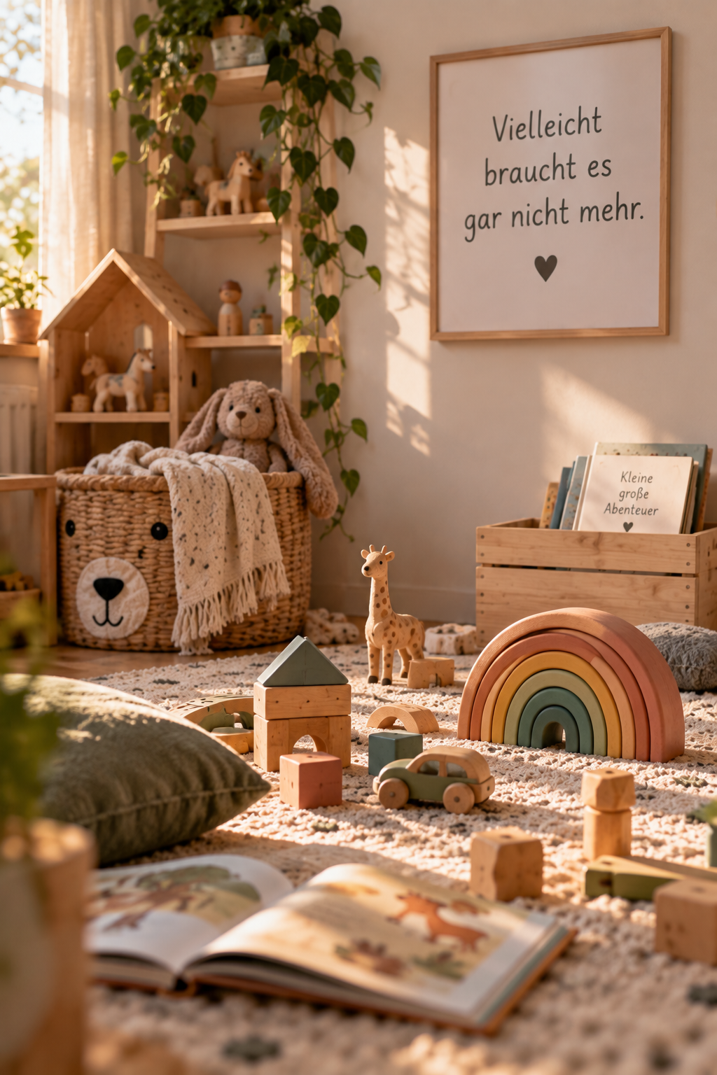 Ein gemütliches Kinderzimmer mit Spielzeug, Holztiere, Bauklötzen, einem Regenbogen aus Holz, einem Kissen, einem Bilderbuch und einem Wandbild mit dem Spruch 'Vielleicht braucht es gar nicht mehr' auf der Wand.