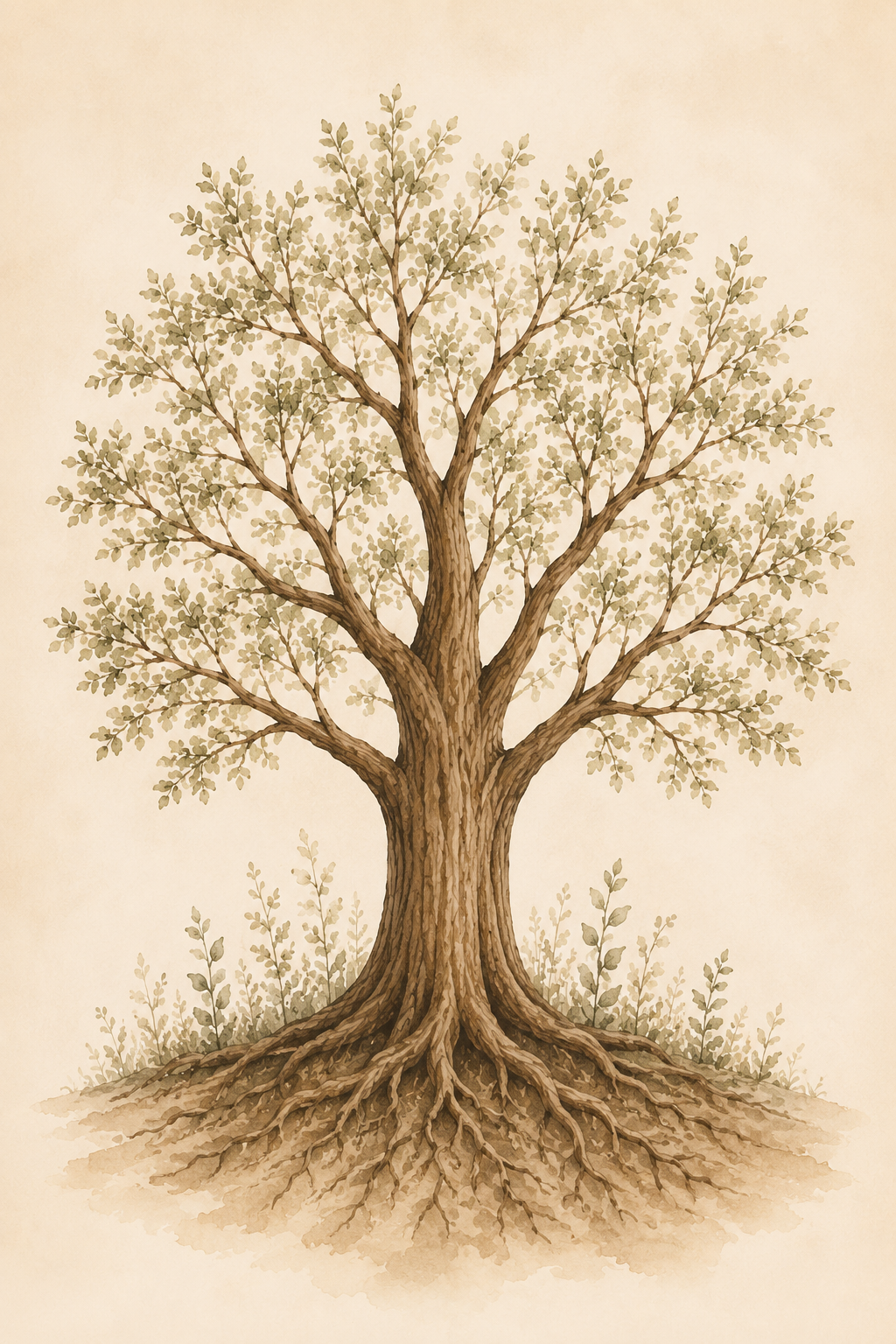 Illustration eines Baumes mit breitem Stamm, Zweigen und grünen Blättern, die Wurzeln liegen im Boden.