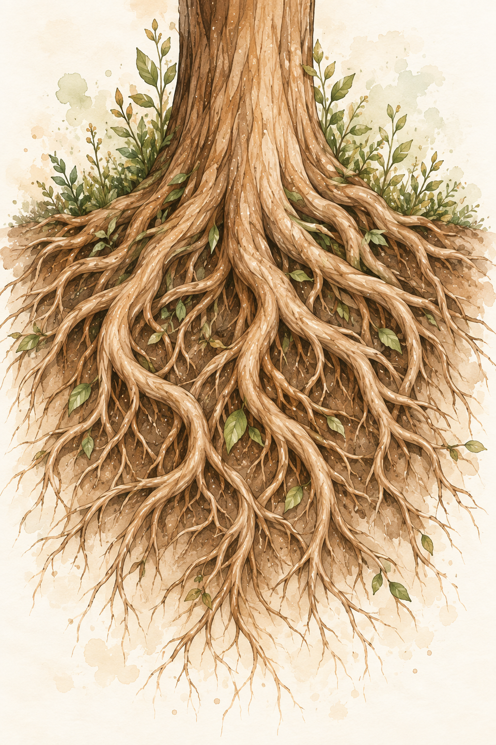 Illustration eines Baumes mit sichtbaren Wurzeln und Grünblättern