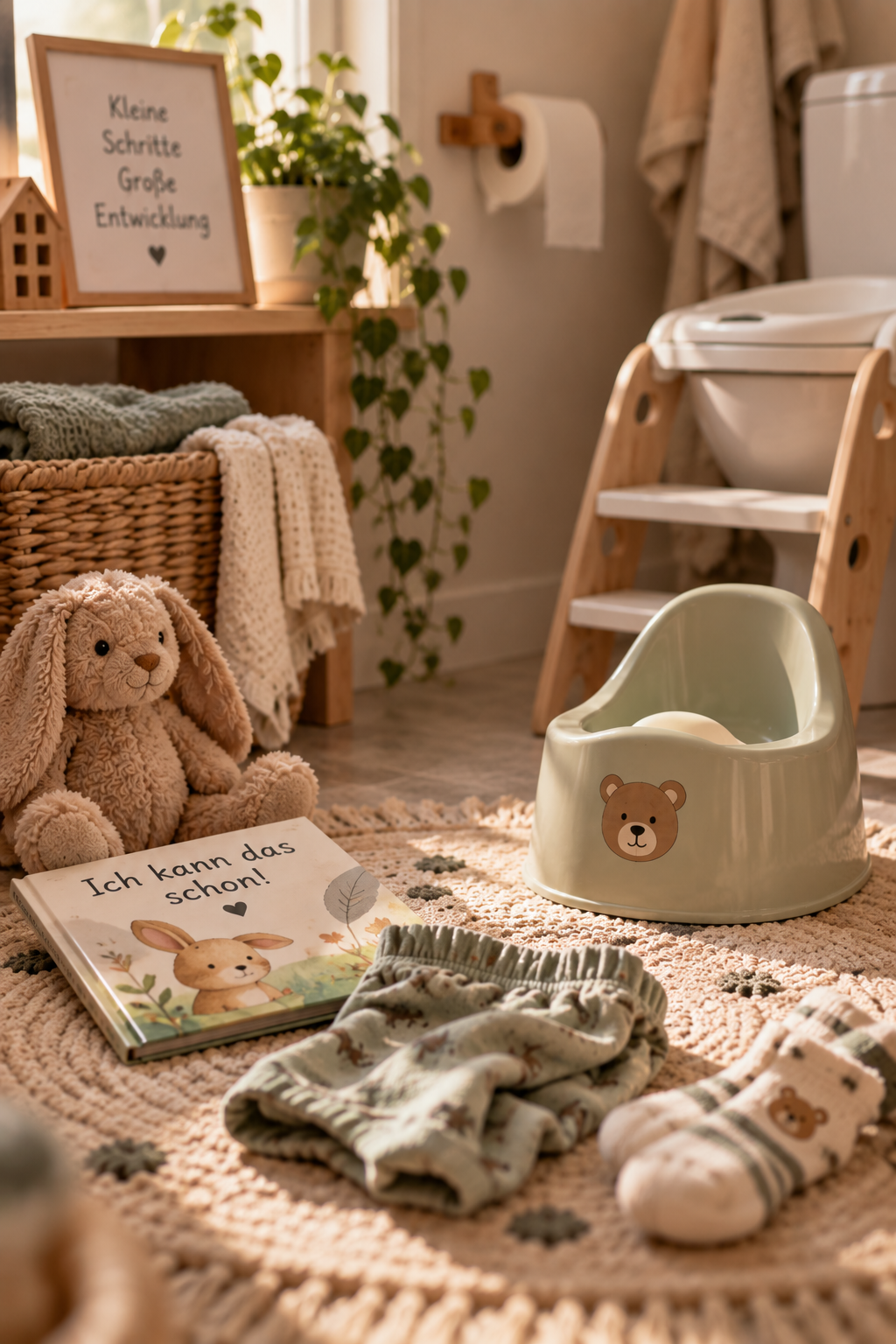 Ein Kinderzimmer mit Spielzeug, einem Buch, einem Teddy, einem Wickeltisch, Handtüchern und einer Wärmflasche, alles in neutralen, natürlichen Farben mit Tiermotiven.