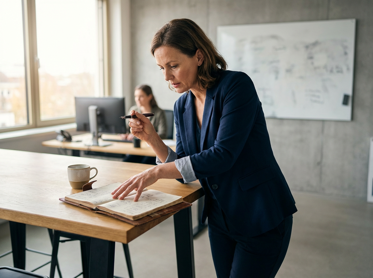 Businesswoman studying notes in a notebook at a desk in an office.