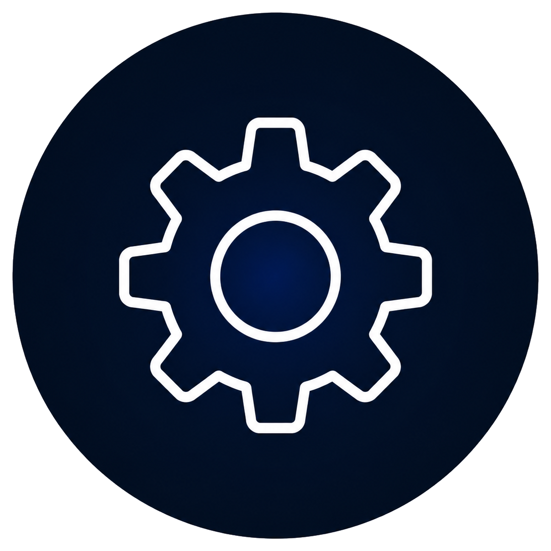 White gear icon on a dark blue circular background.