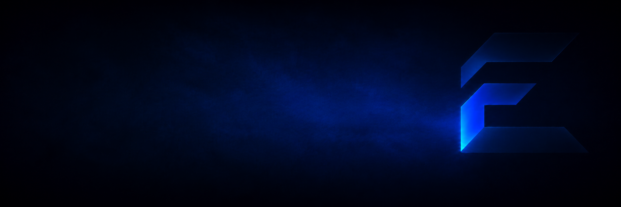 Dark background with a glowing blue geometric letter E on the right side.