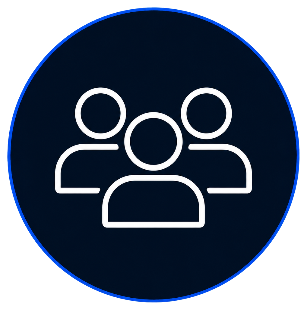 Icon of three people silhouette, representing a group or team.