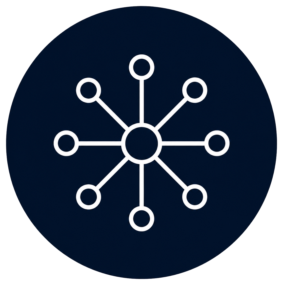 Icon of a network or connection diagram with a central circle connected to nine surrounding circles on a dark blue background.