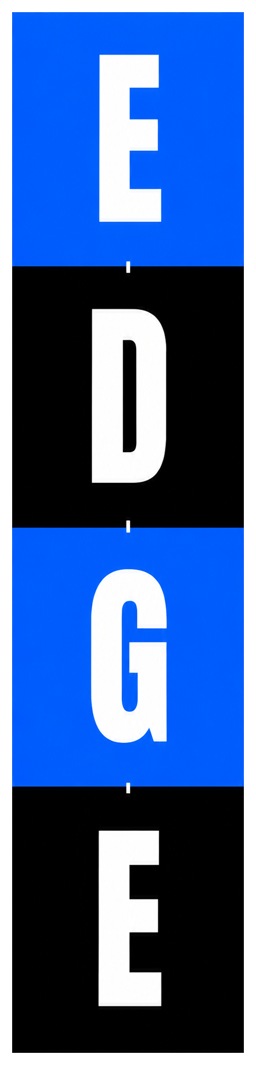 Vertical sign with the word "EDGE" in alternating blue and black backgrounds with large white letters