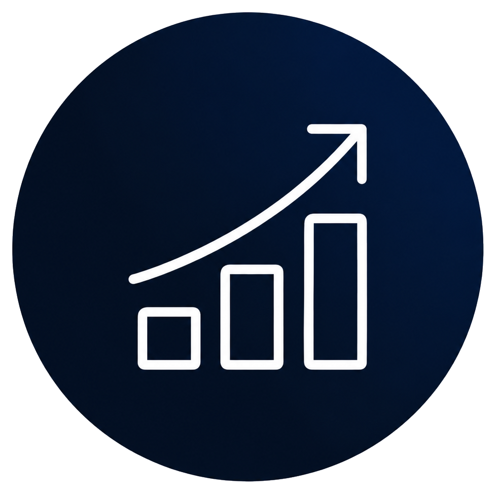 Icon of a bar graph with increasing bars and an upward trending arrow, symbolizing growth or progress.