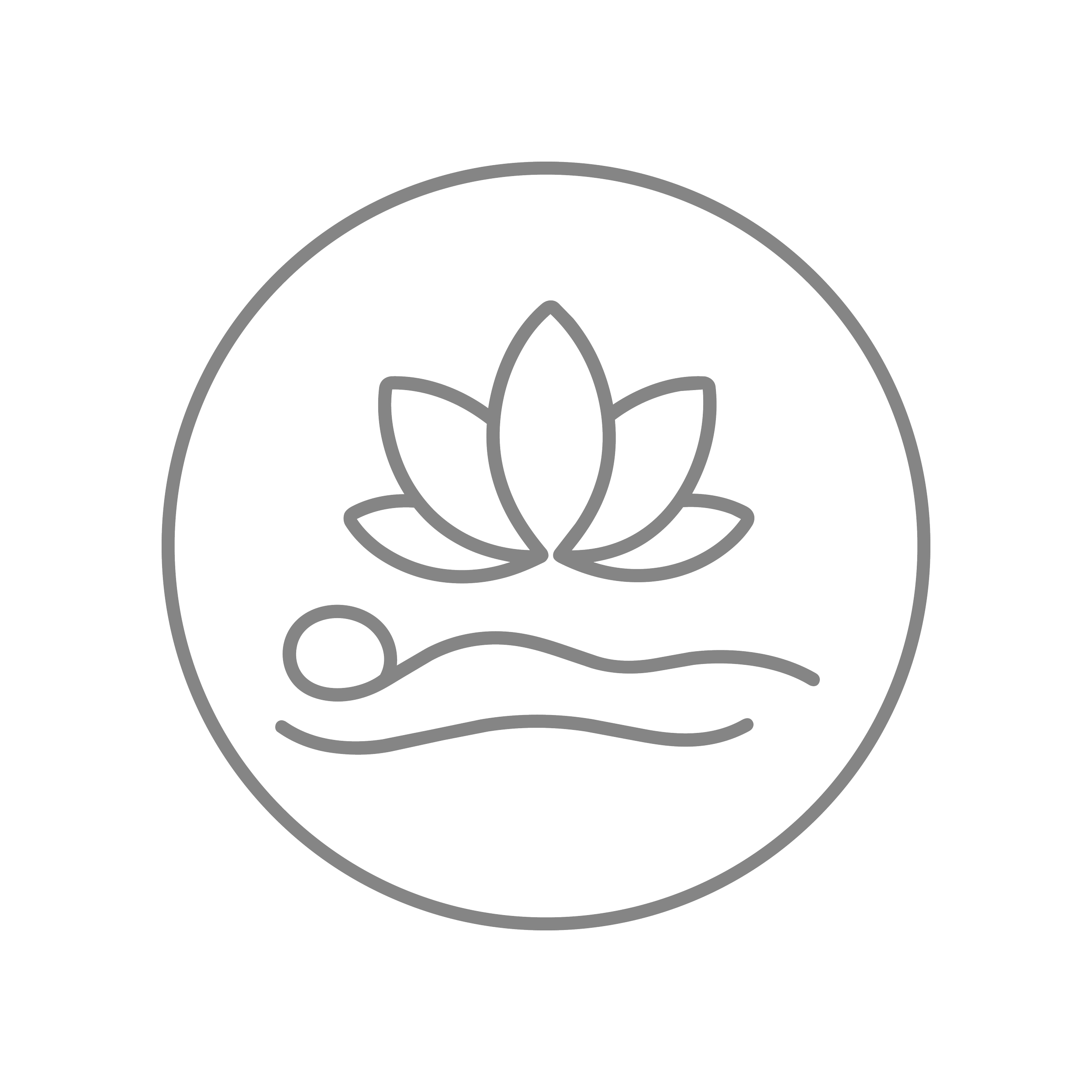 A simple gray outline of a flower with three petals within a circle on a black background, resembling a logo.