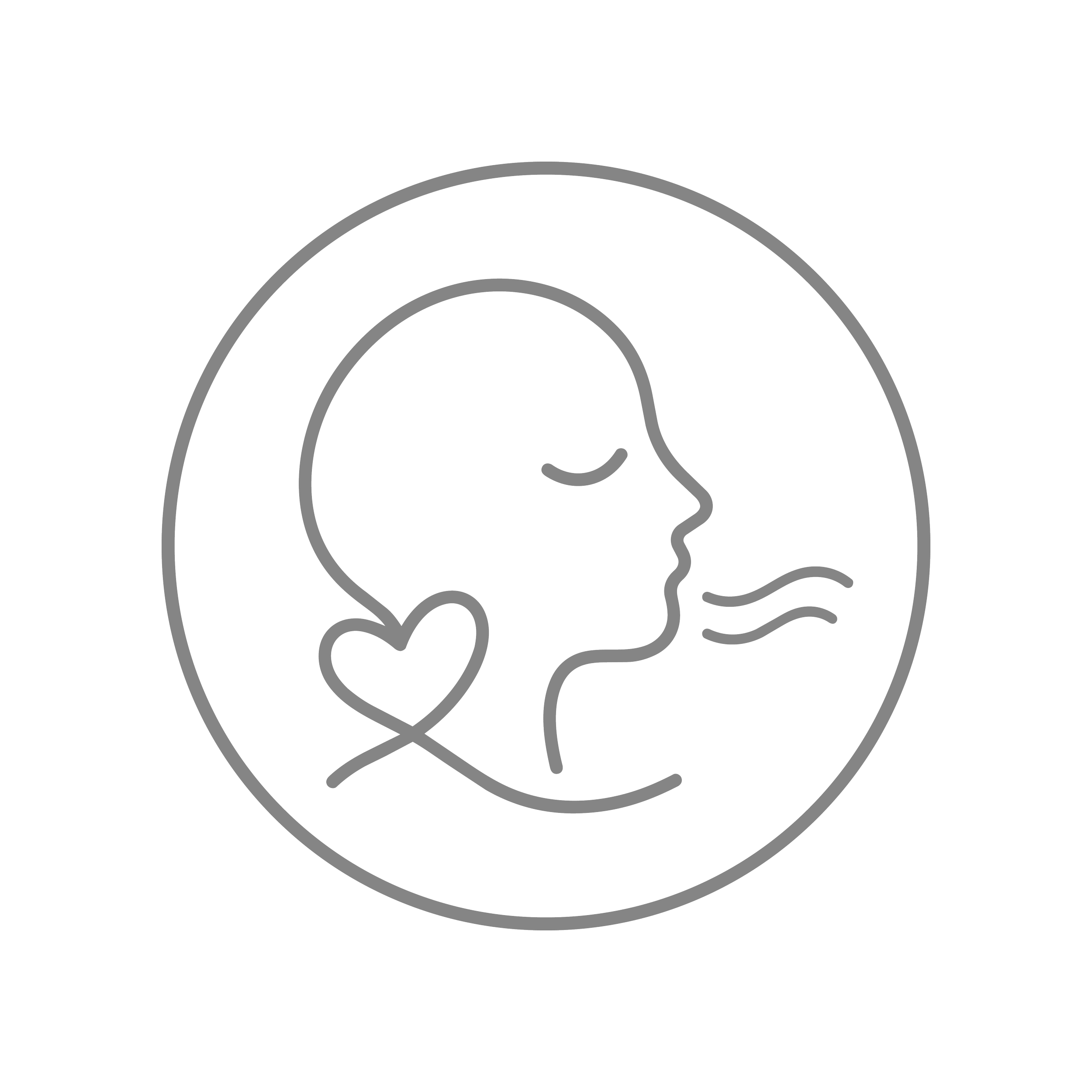 Line drawing of a person's head in profile with hair, nose, lips, and neck outlined in gray on a black background, enclosed within a circle.