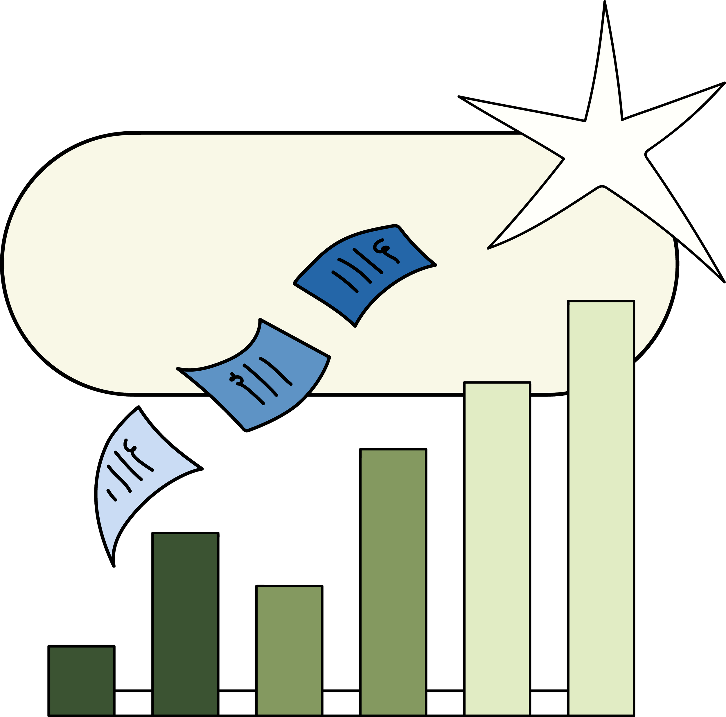 A chart showing downward trend with vertical green bars and a line graph with colored bars, alongside papers and a star shape.