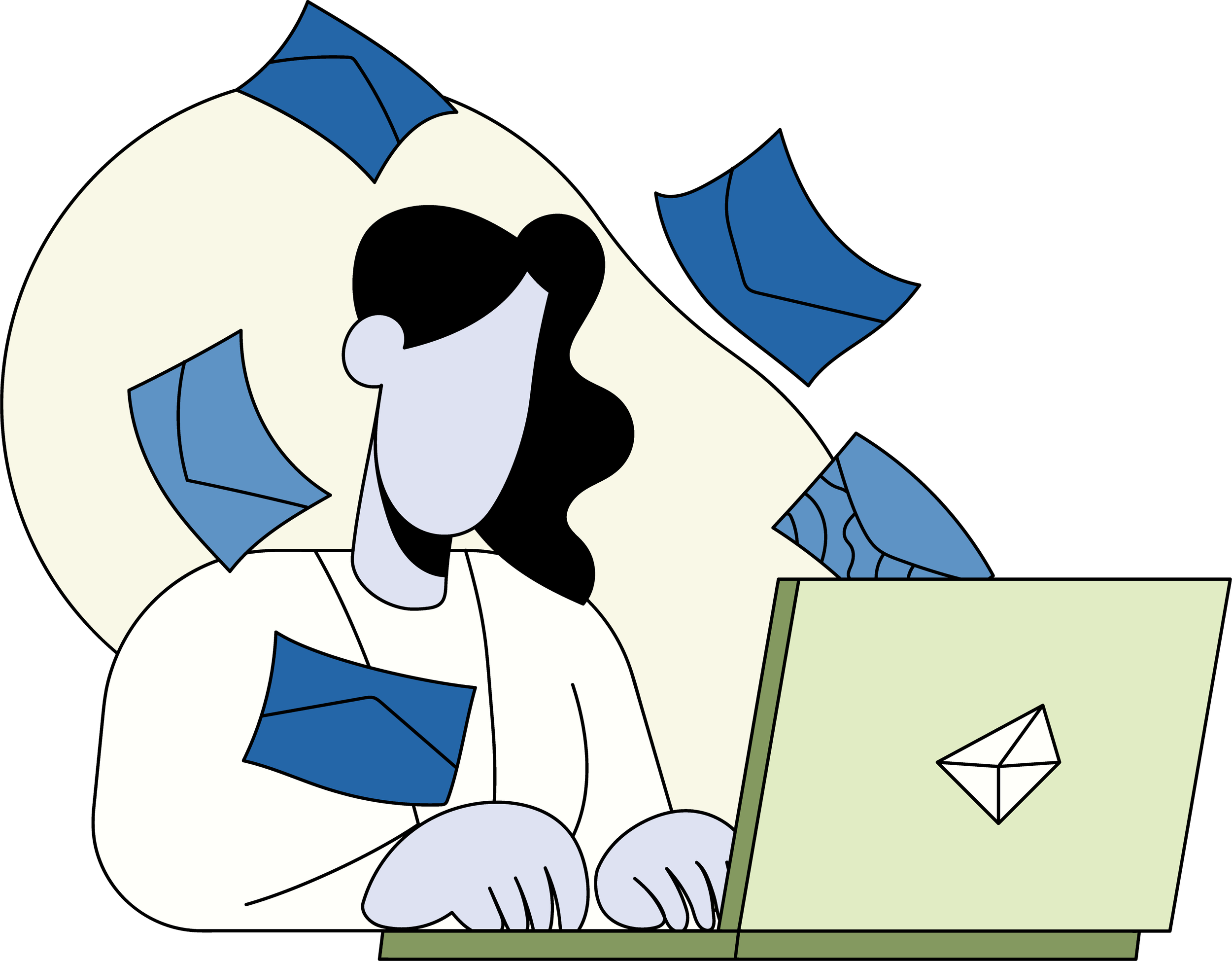 Illustration of a blue person at their computer with emails overflowing their screen.