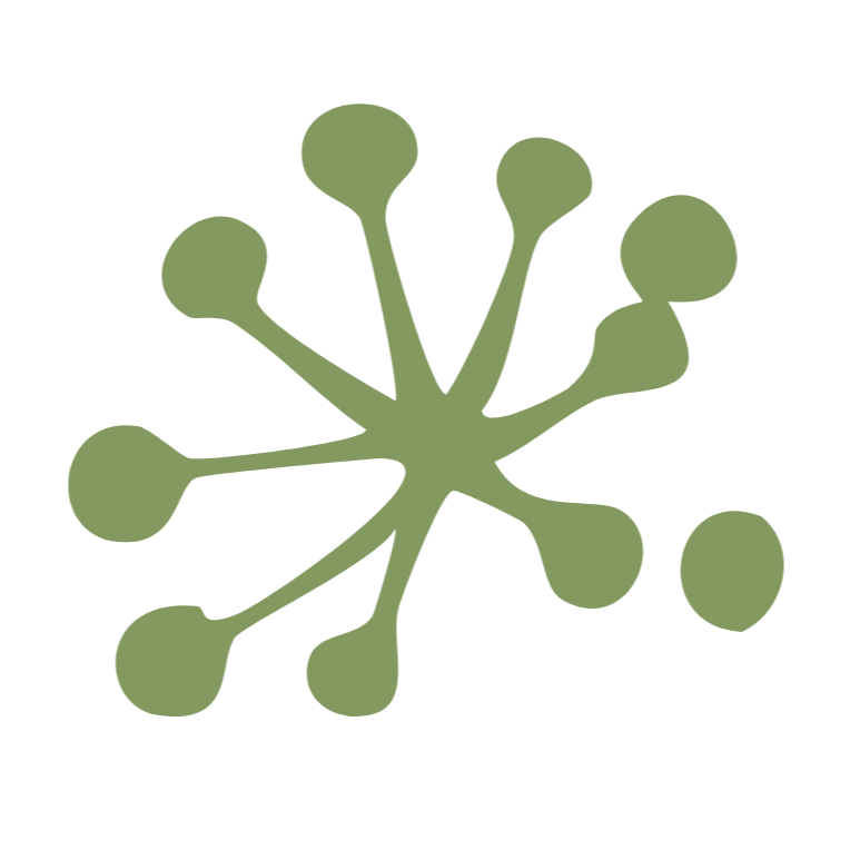 A green, abstract, starburst-like shape with rounded ends on transparent background.