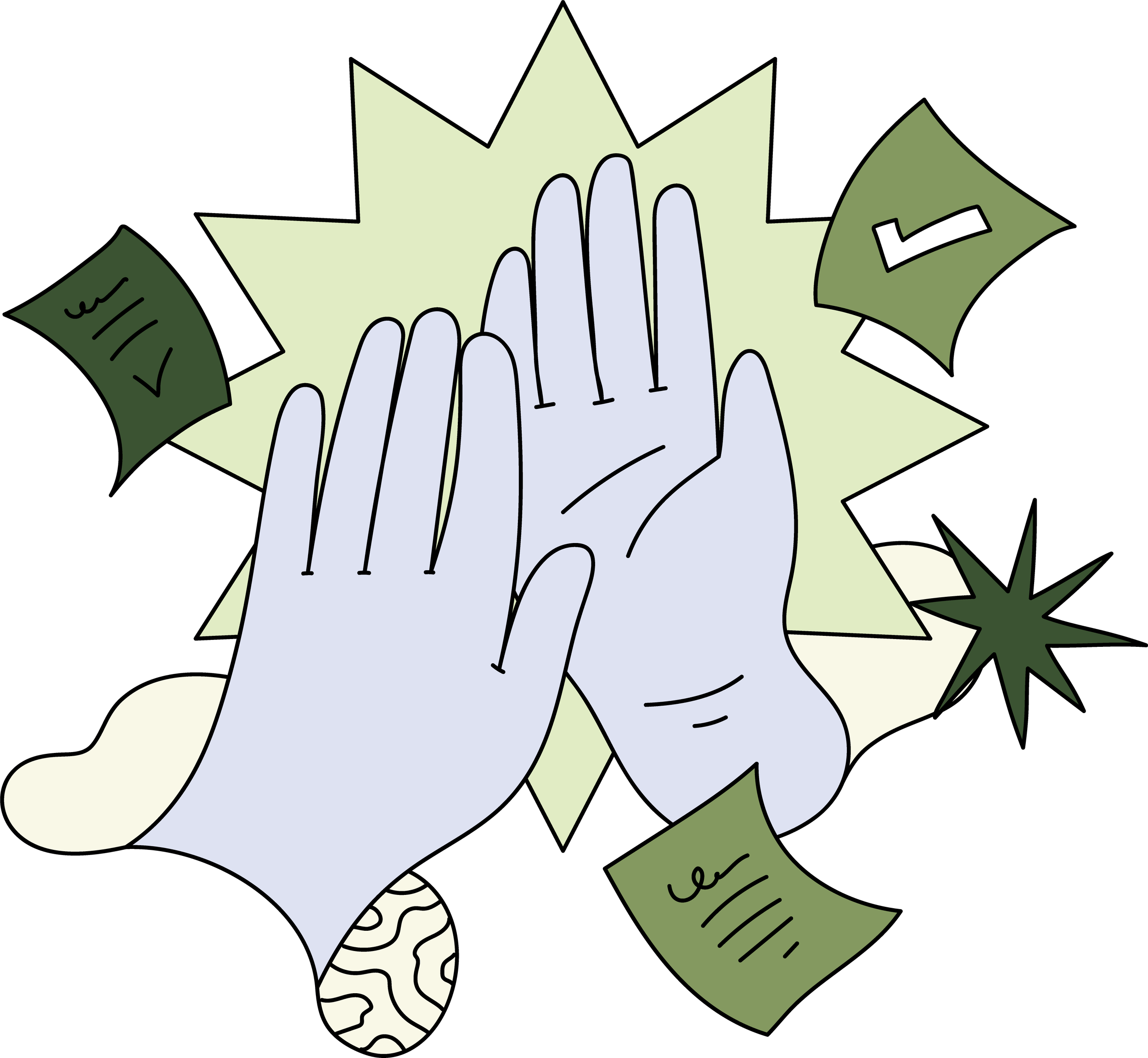 Illustration of two blue hands high-fiving with pages with check marks and stars in the background.