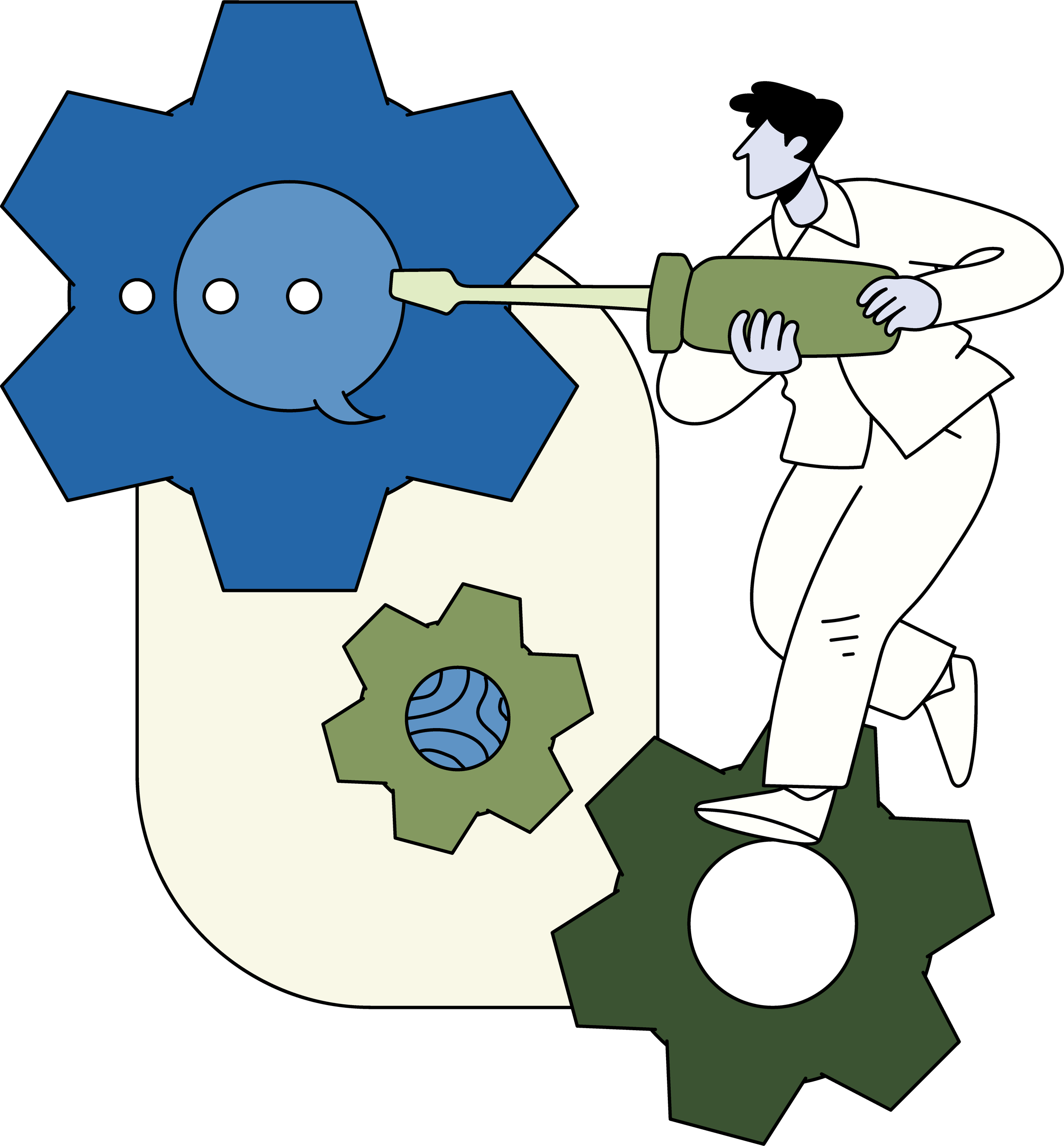 A person is holding a screwdriver working working on a large blue gear with three smaller gears below it.
