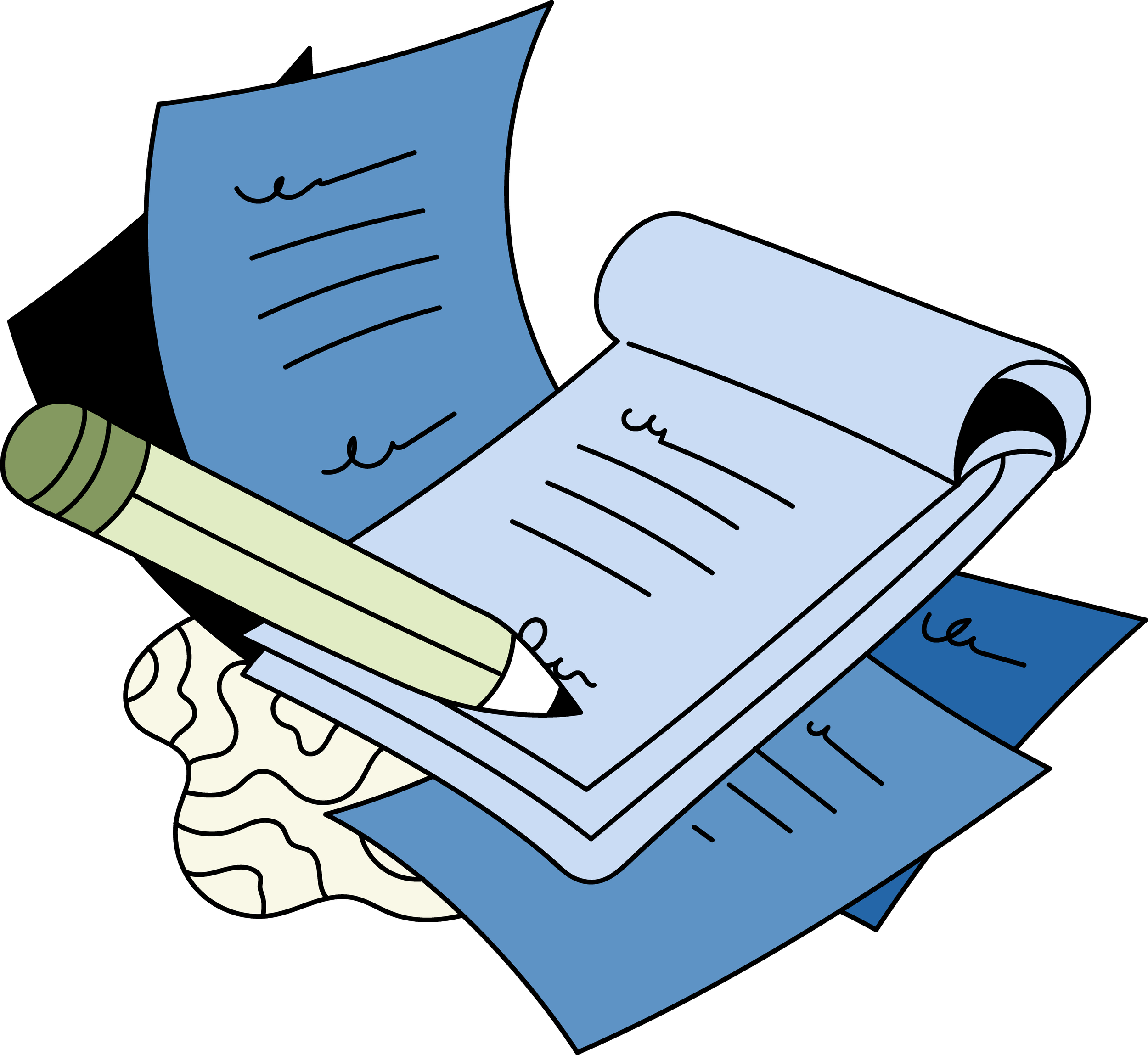 Illustration of a stack of papers, a notepad, and a pencil.