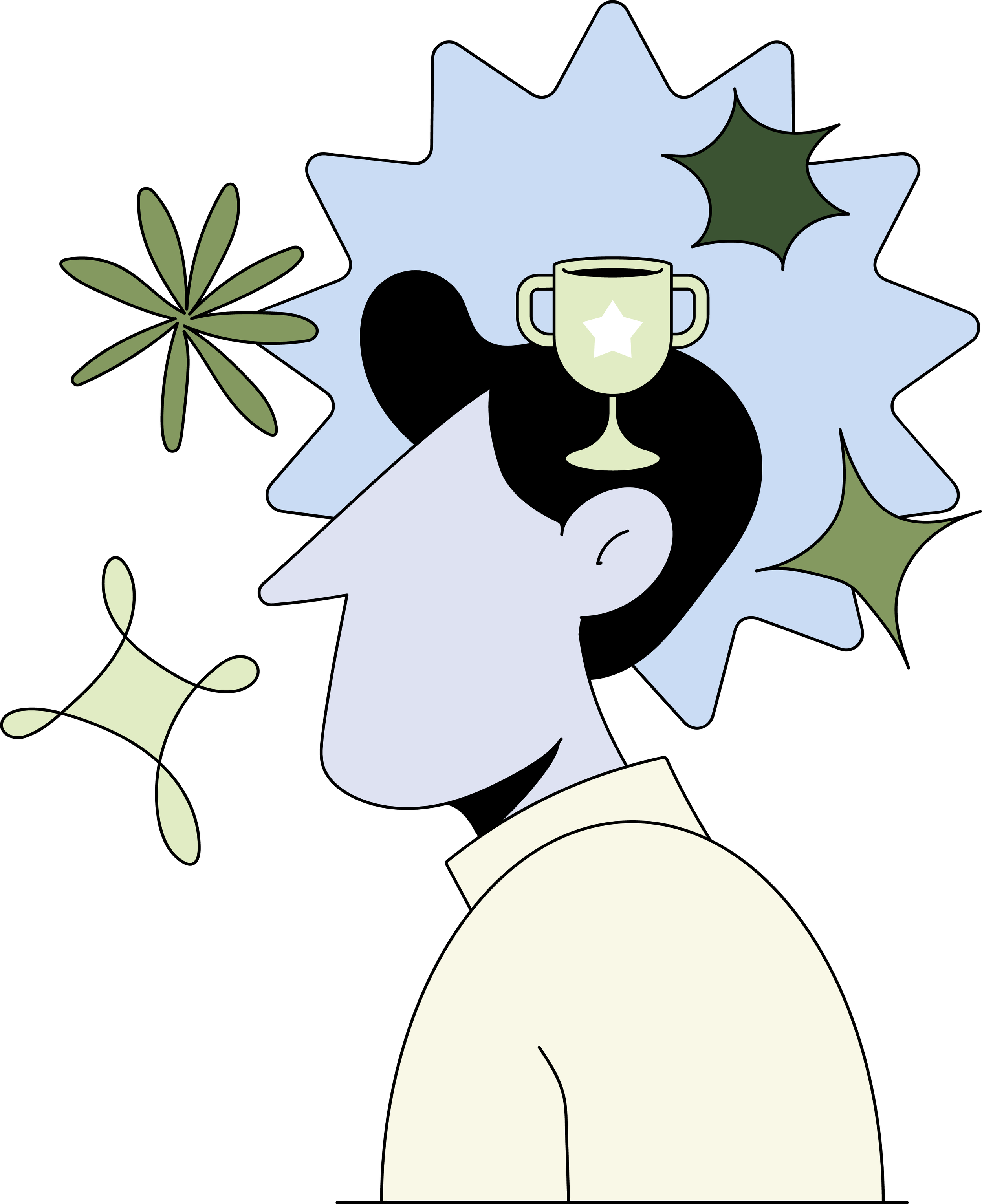 Digital illustration of a person with a trophy and other decorations in the background, symbolizing creativity and achievement.