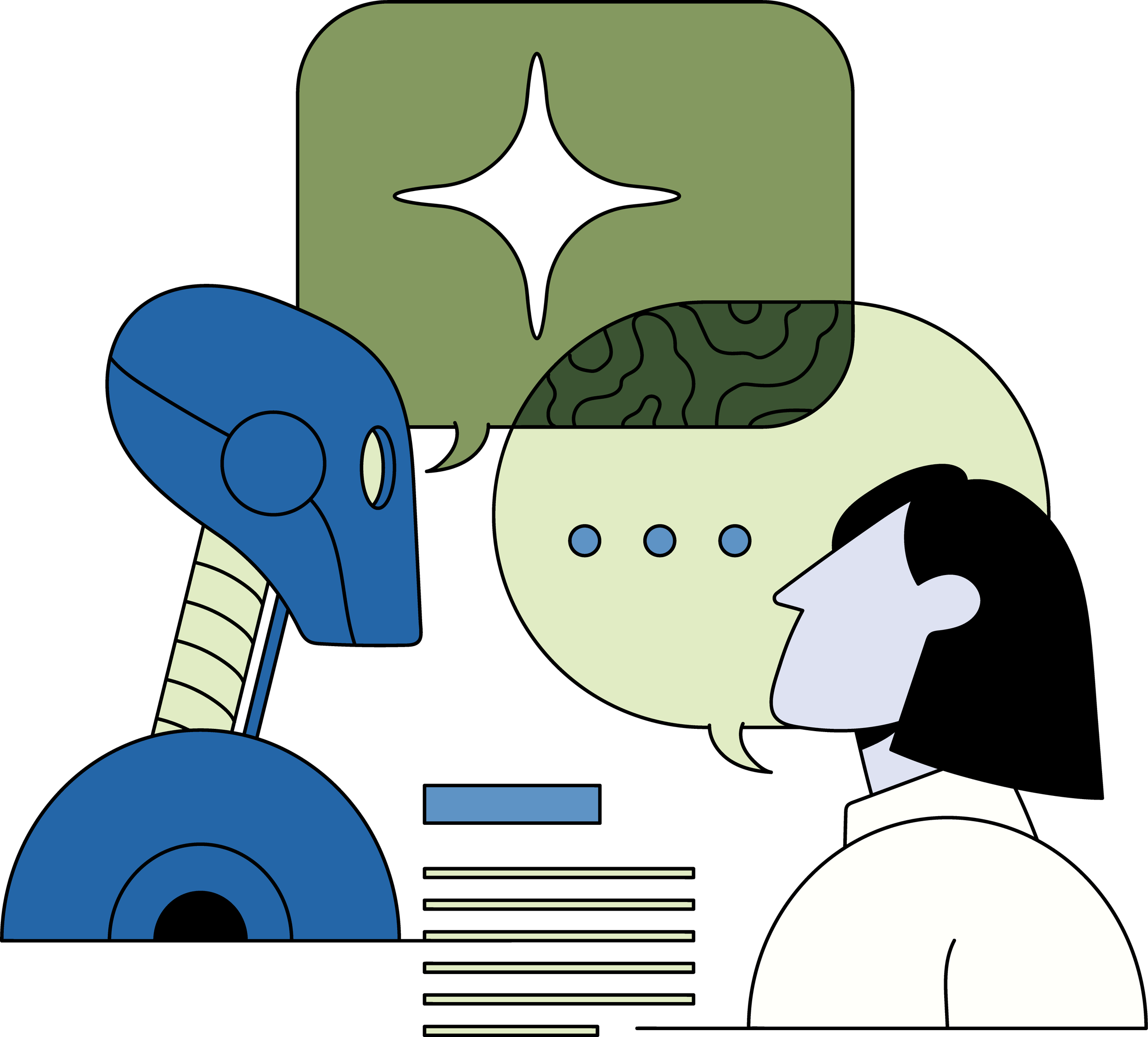 An illustration of a blue woman talking to a robot.