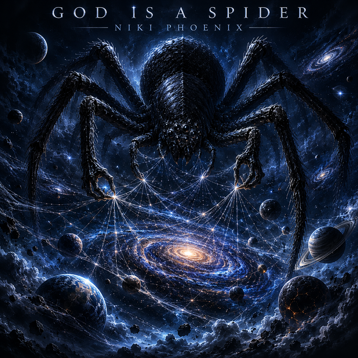 A large spider-like creature with a cosmic background of planets, galaxies, and stars, holding a web connecting to a bright galaxy at the center.