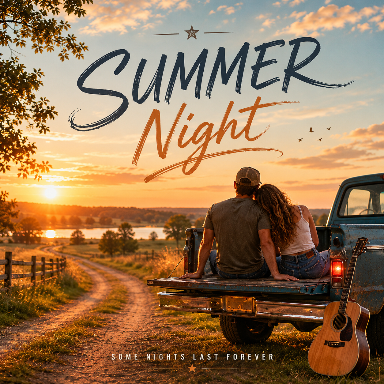 A couple sitting on the back of a pickup truck watching the sunset over a rural landscape with a lake, trees, and a dirt path. A guitar leans against the truck. The overlay text reads 'Summer Night' with a star and the caption 'Some nights last forever'.
