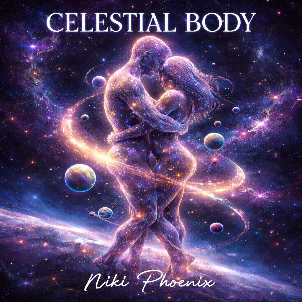 A cosmic digital artwork of a loving couple embracing, made of stars and galaxies, floating in space with planets and swirling cosmic dust around them. The text reads 'CELESTIAL BODY' at the top and 'Niki Phoenix' at the bottom.