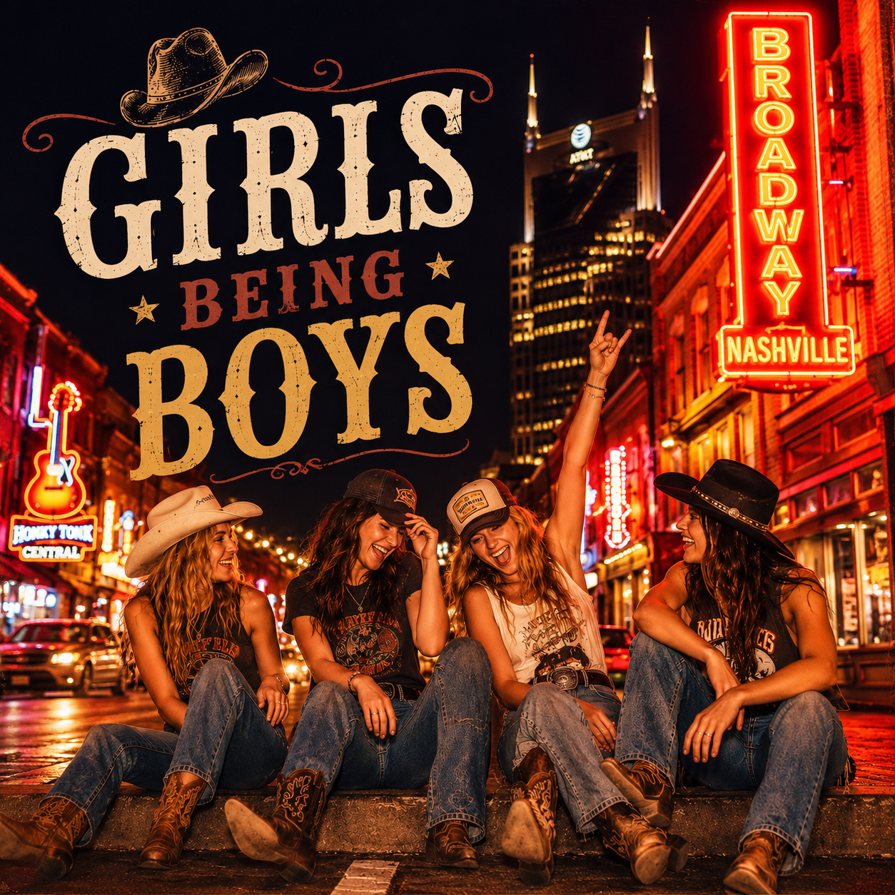 Four young women sitting on a curb at night in Nashville, Tennessee, wearing cowboy hats and casual Western-style clothing, smiling and laughing. The background shows vibrant neon signs, a cityscape with tall buildings, and a large overlay text reading 'Girls Being Boys' with a cowboy hat illustration.