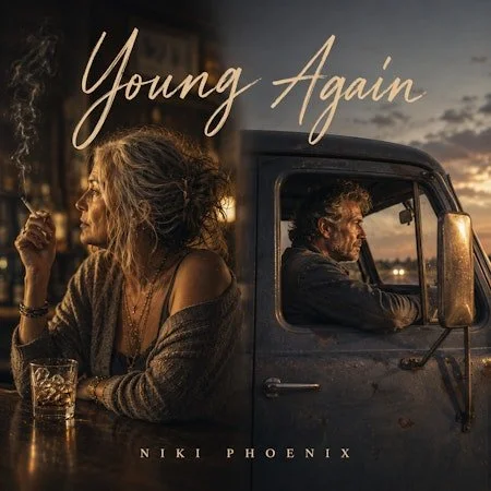 A woman sitting at a table with a drink in front of her, looking to the side, with a man sitting in the cab of a truck behind her. The setting appears to be at sunset or dusk, with a cloudy sky. The words 'Young Again' and 'Niki Phoenix' are overlaid on the image.