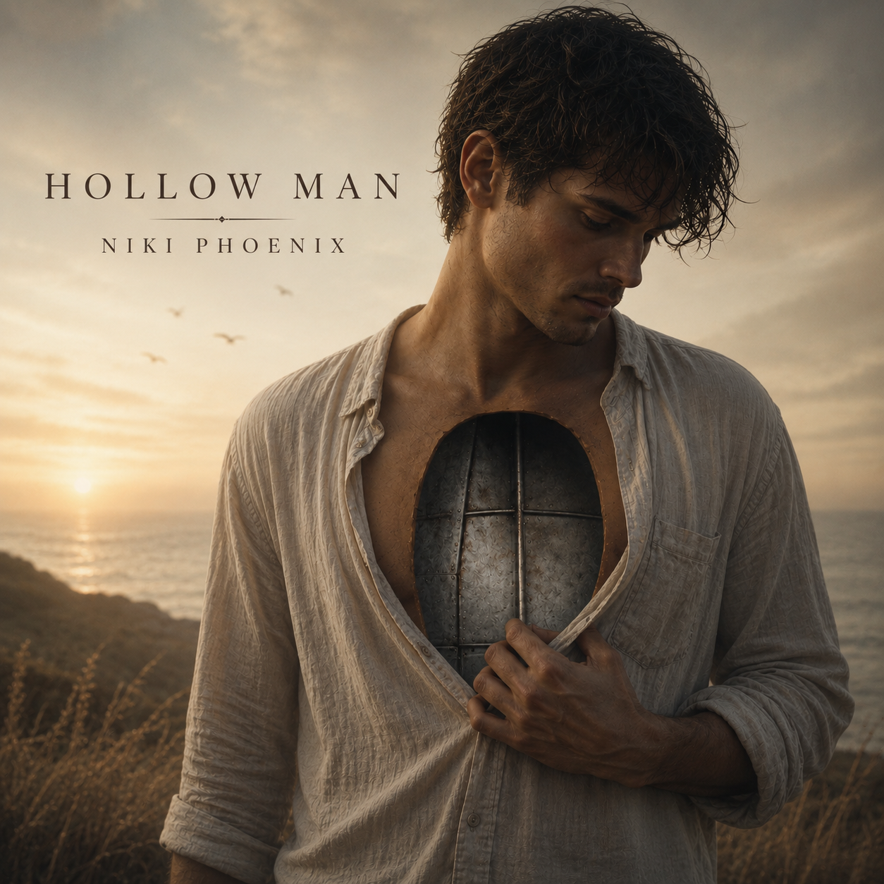 A young man with curly hair wearing a beige shirt, holding open his shirt to reveal a metallic human heart with a cross-shaped support in a scenic sunset by the ocean.