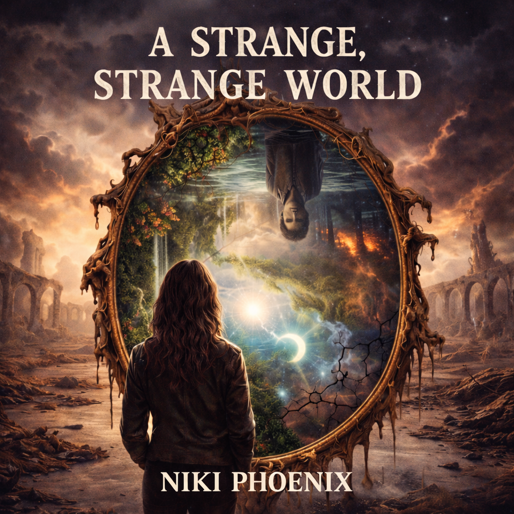 A woman looking at a mirror with a fantasy landscape inside, surrounded by a ruined landscape with aqueducts under a dark, cloudy sky. The mirror shows different worlds, and the book title 'A Strange, Strange World' by Niki Phoenix is at the top and bottom of the image.