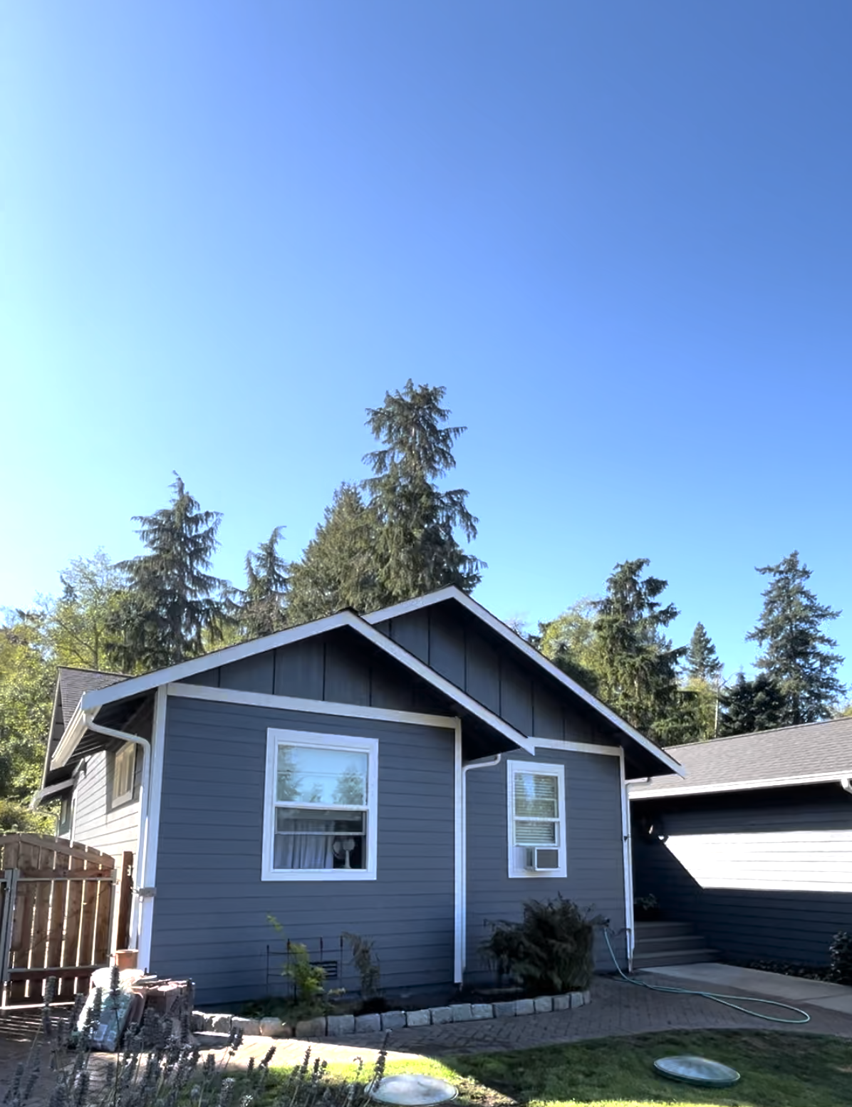 A blue house with white trim and two windows, surrounded by trees under a clear blue sky.