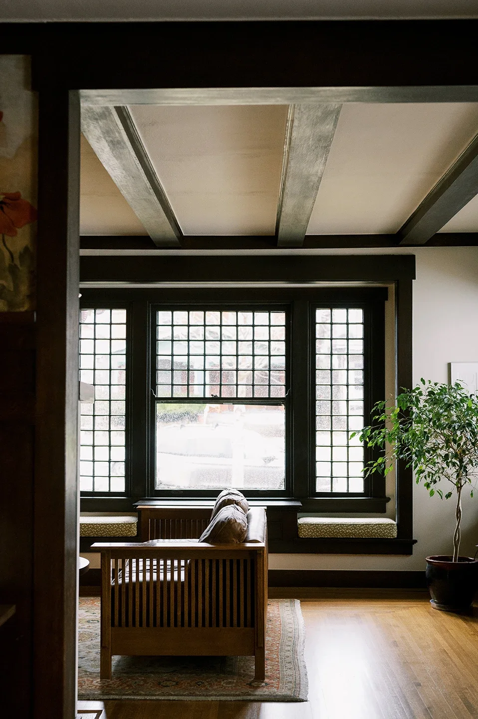 A cozy living room with a large window, a wooden sofa, a potted plant, and natural light.