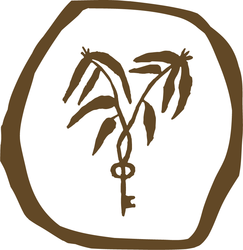 A hand-drawn illustration of a key with a leaf and stem design, enclosed within a rough-edged oval border.