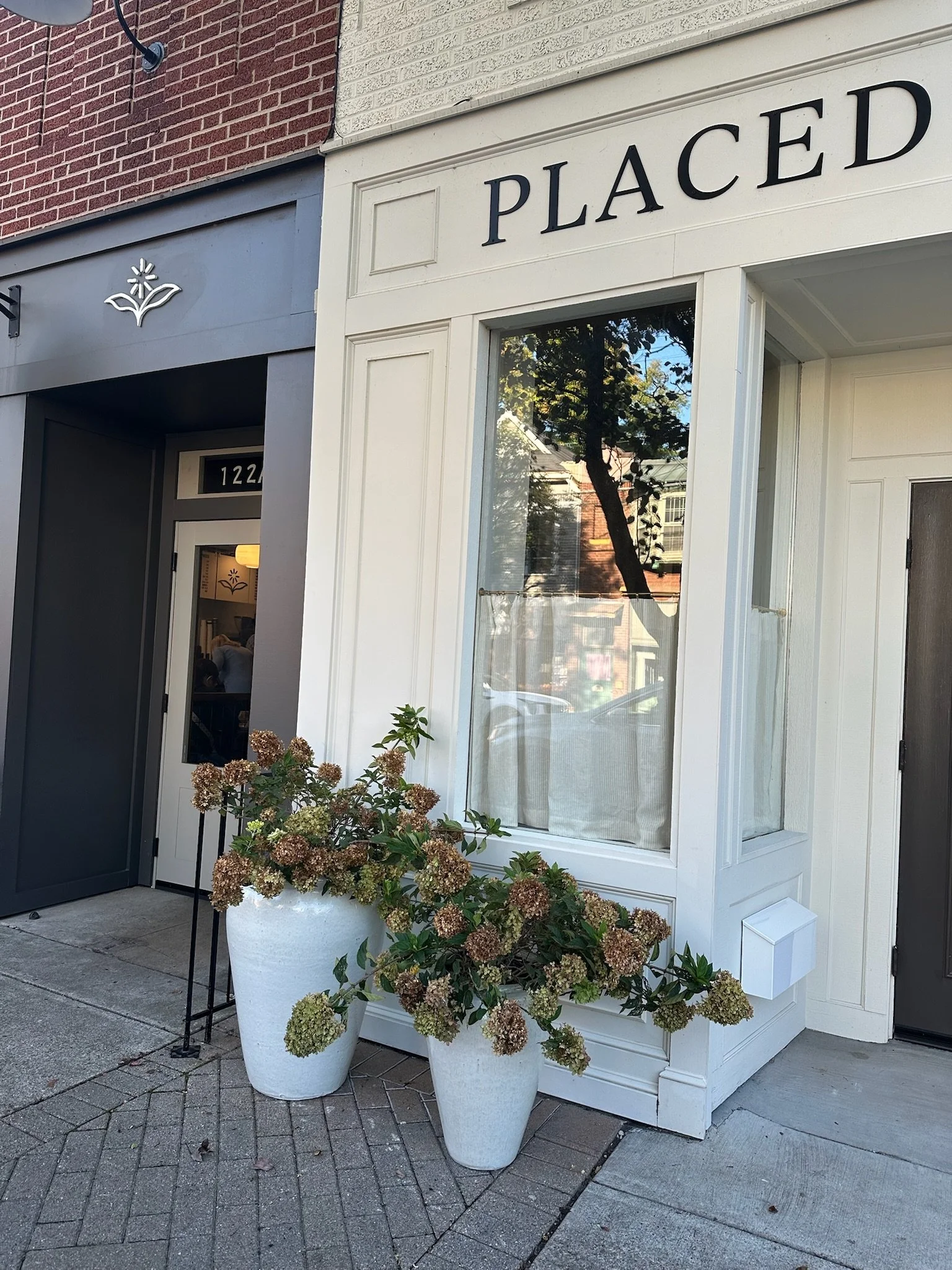 Storefront with large windows, potted plants, and a sign that reads "PLACE" in black letters.