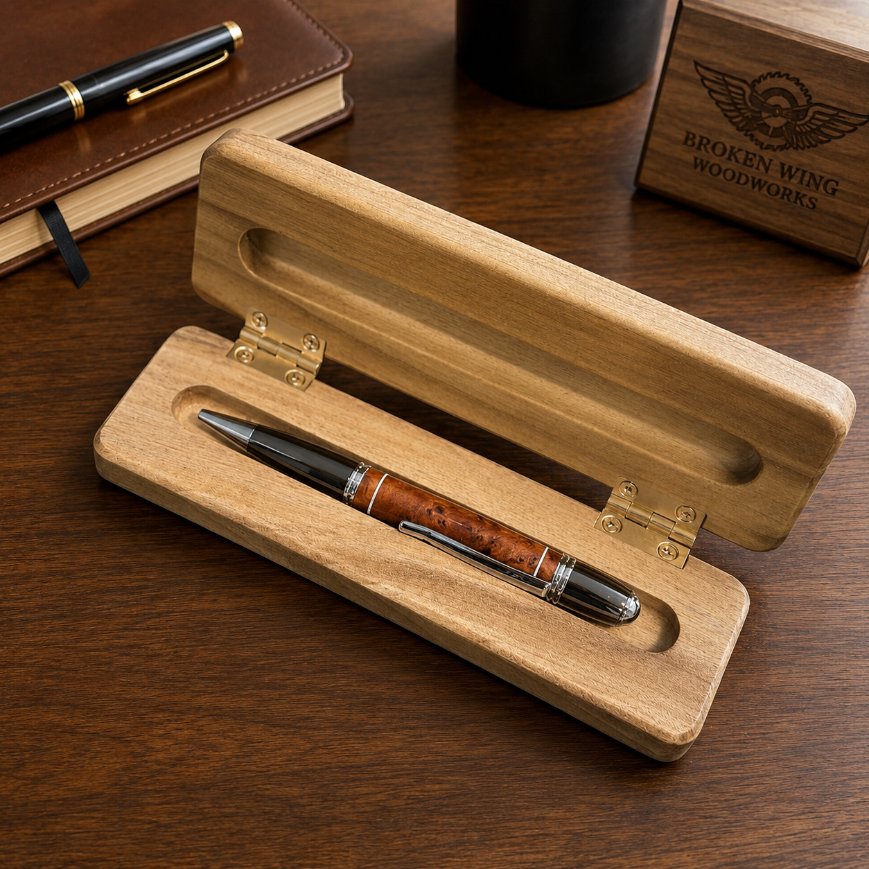 A fountain pen with a wooden barrel in an open wooden box on a wooden desk.