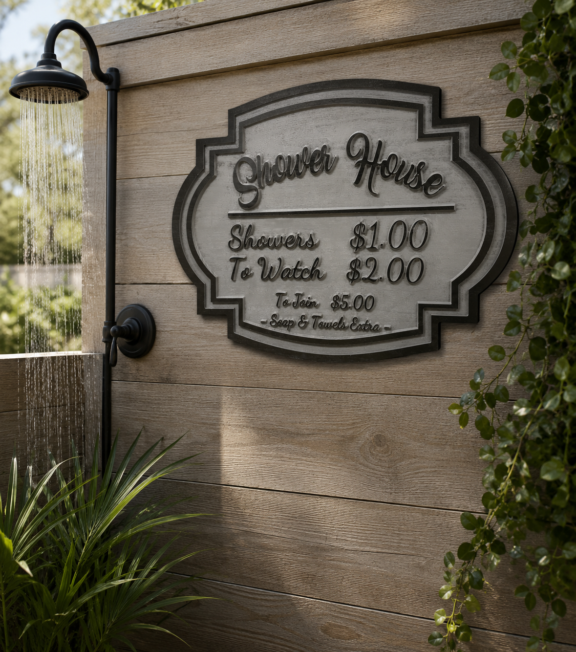 Outdoor shower house sign on wooden wall, listing prices for showers, to watch, to join, and soap and towels.