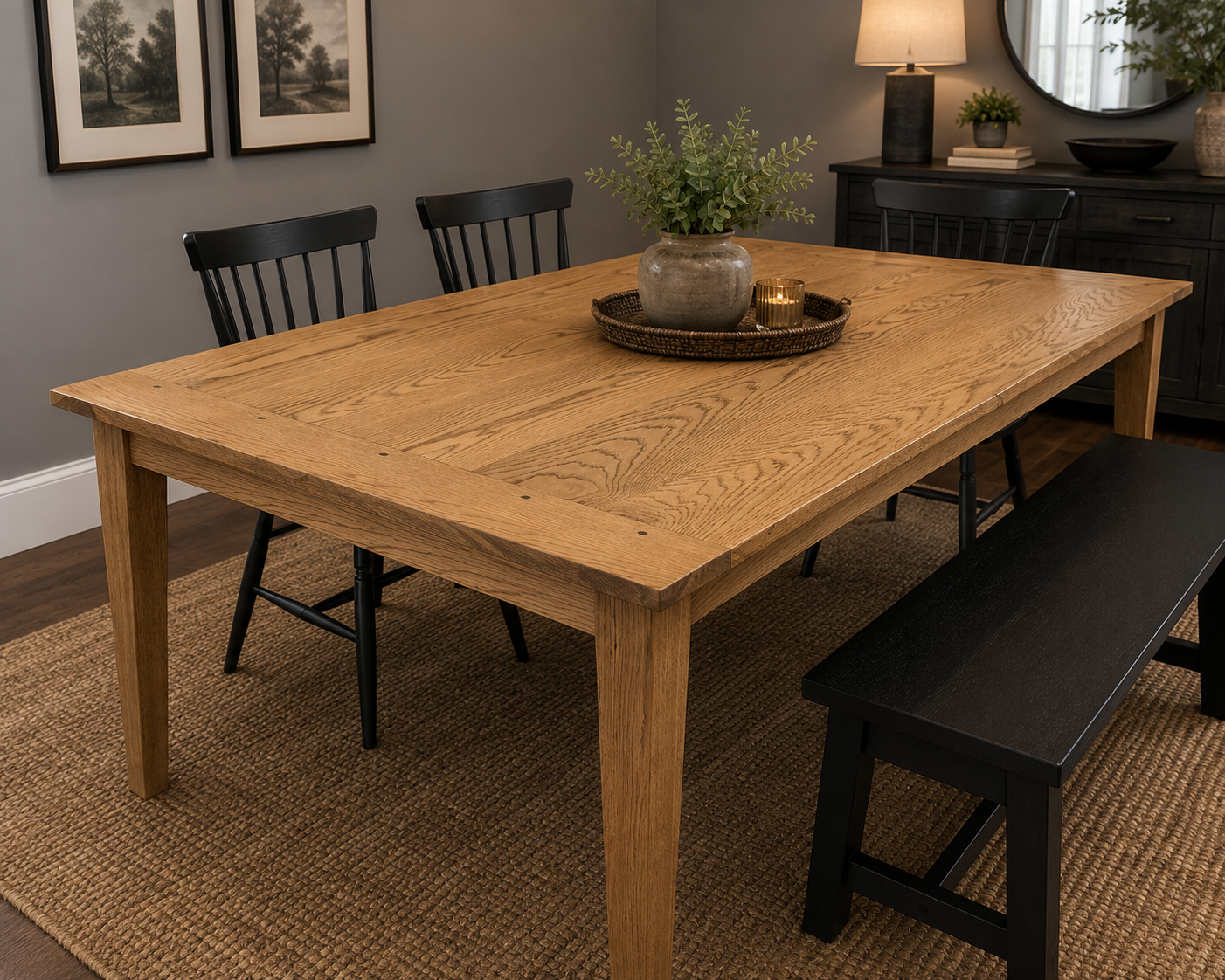 Wooden dining table with black chairs and a black bench, decorative foliage centerpiece, and a lamp on a sideboard in a dining room with framed artwork and a window.
