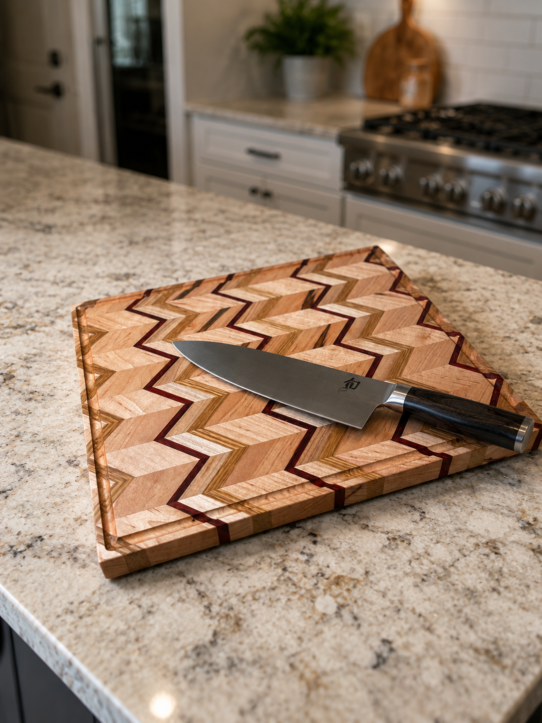 A patterned wooden cutting board with a chef's knife on top, placed on a granite kitchen countertop. In the background, there is a stove, white cabinets, and a potted plant.