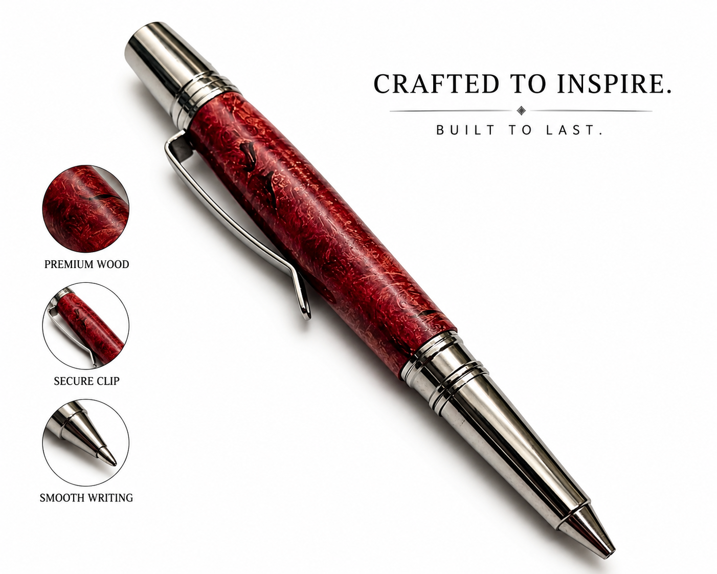 Close-up of a red wood designer pen with metal accents, lying diagonally on a white surface, with promotional text highlighting its craftsmanship, premium wood, secure clip, and smooth writing.
