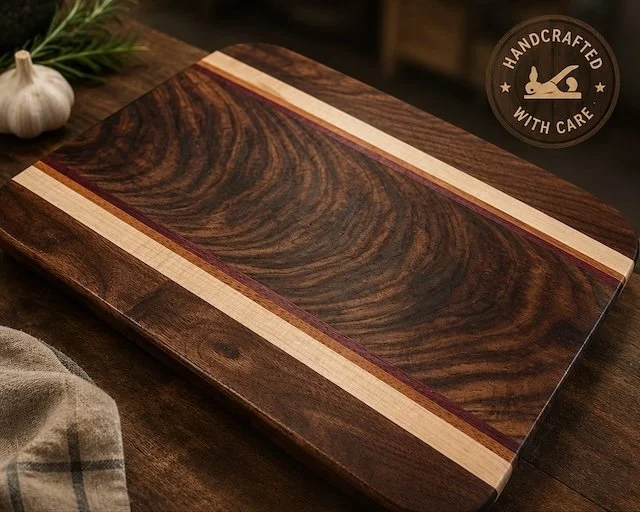 A handcrafted wooden cutting board with a decorative stripe design, placed on a wooden surface with a garlic bulb and a cloth nearby.