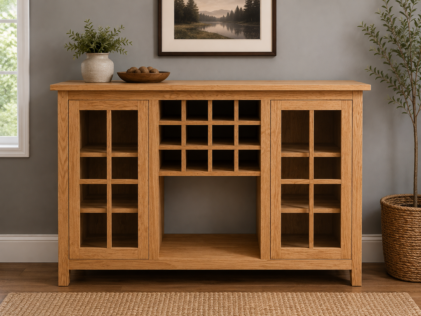 A wooden cabinet with multiple shelves and compartments, placed against a gray wall in a room with a window, artwork, and a large potted plant.