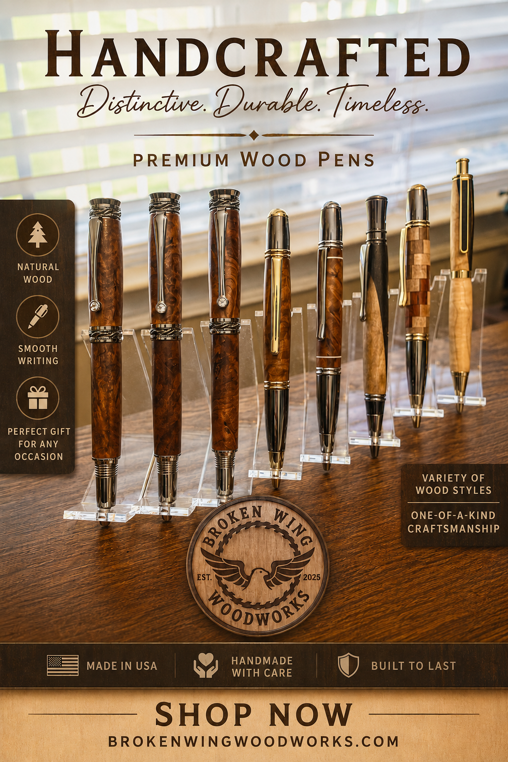 Display of handcrafted premium wood pens in various styles, with promotional text highlighting their natural wood, smooth writing, and gift suitability, and branding for Broken Wing Woodworks.