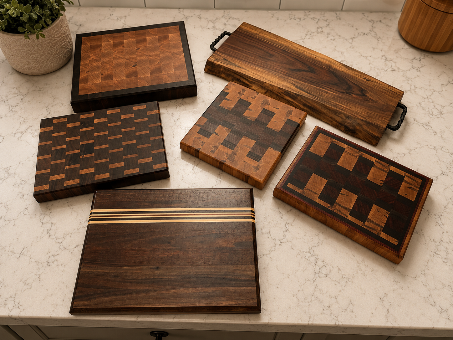 Collection of decorative wooden chessboards and trays on a marble countertop.