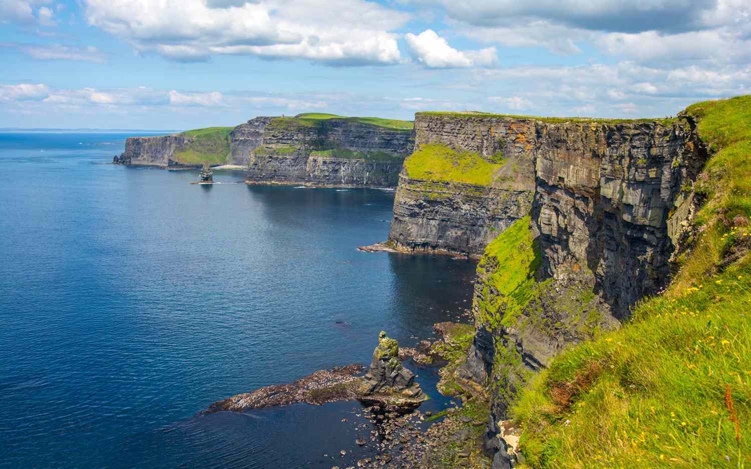 Cliffs along a body of water with a boat in the distance, grassy terrain on top of the cliffs, partly cloudy sky.