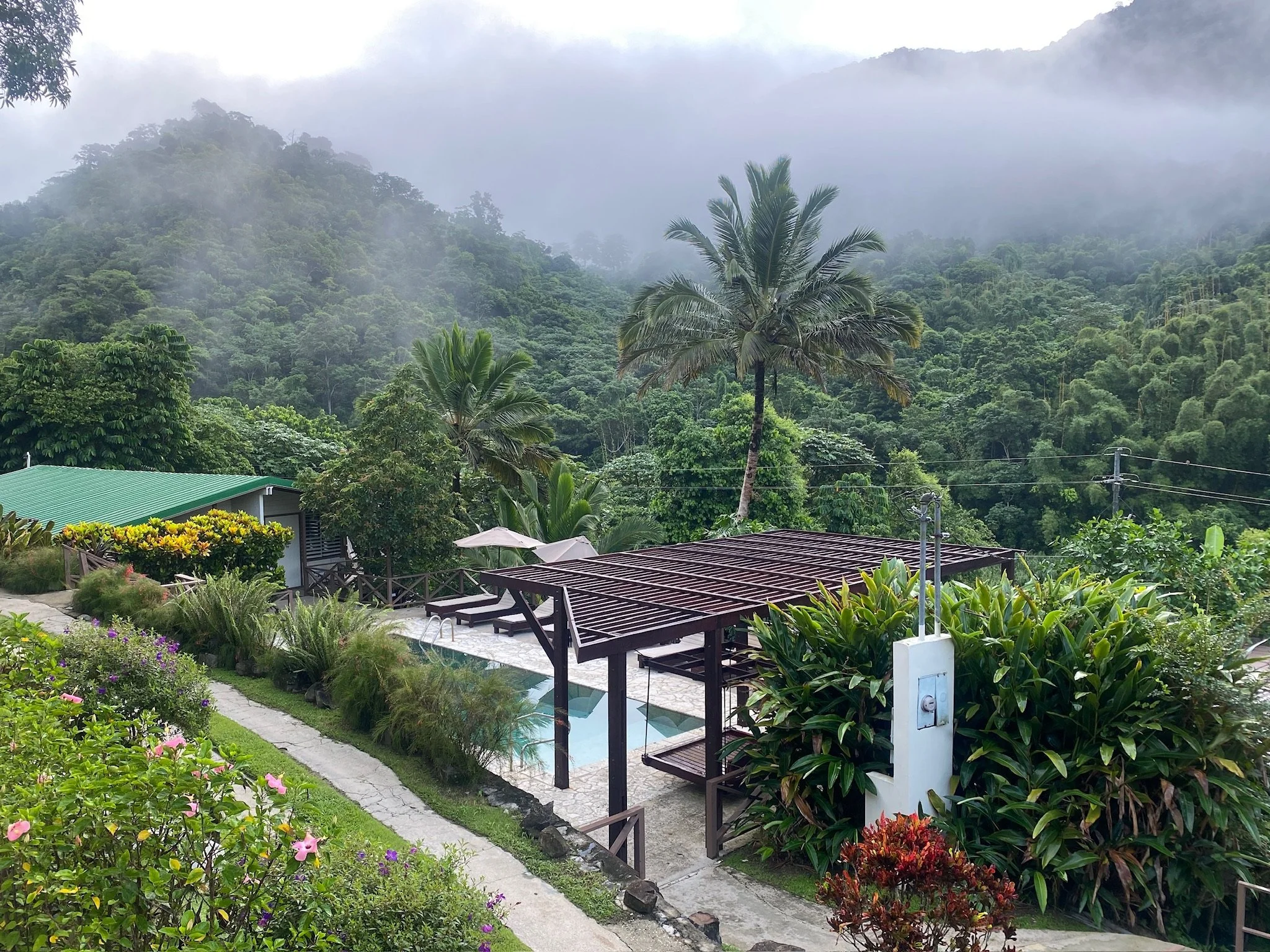 A lush green tropical landscape with trees and mountains in the background, with a backyard featuring a pool, wooden pergola, and vibrant plants.