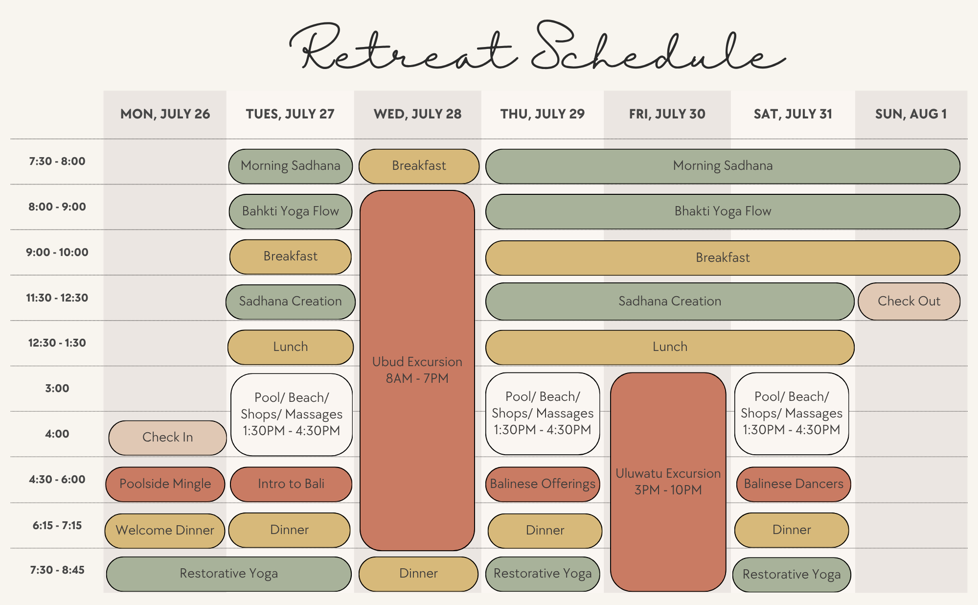 Retreat schedule with activities listed for each day, including yoga classes, meals, excursions, and check-in/out times.