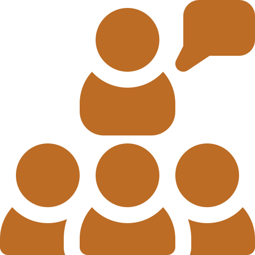 Icon of a person with a speech bubble above them, with three people below.