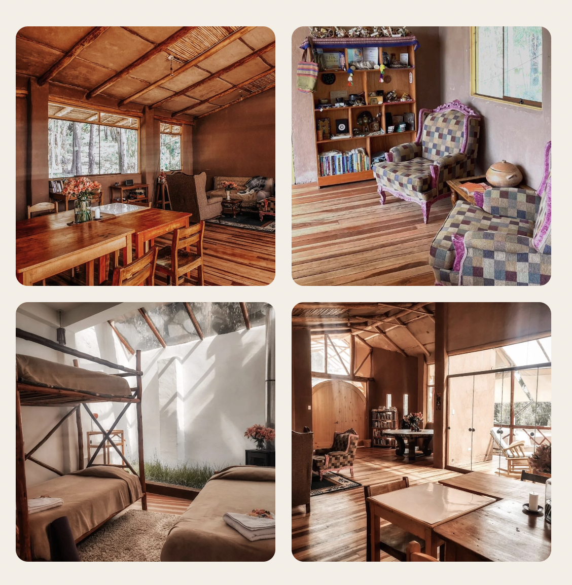 Collage of four cozy interior rooms, including a dining area with wooden table, a sitting room with armchairs and bookshelf, a bedroom with twin beds and outdoor view, and another living space with large windows and wooden furniture.
