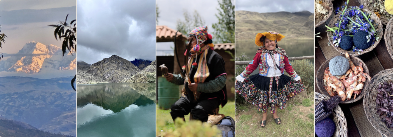 A collage of five images: snow-capped mountains over a landscape, a mountain reflected in a lake, an indigenous woman wearing colorful traditional clothing and headwear, a young girl in traditional dress smiling outdoors, and baskets filled with various dyed fibers and natural materials.
